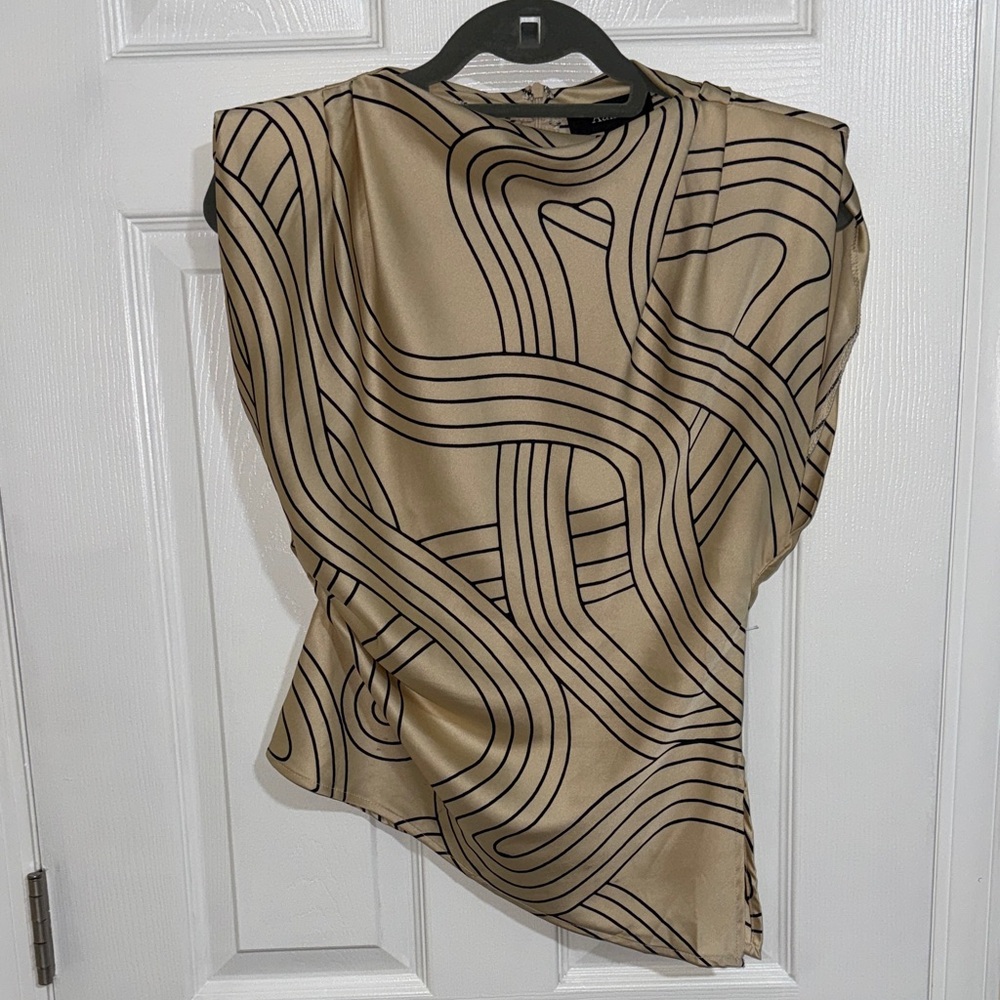 Aakaa Beige Satin Sleeveless Top with Black Geometric Lines